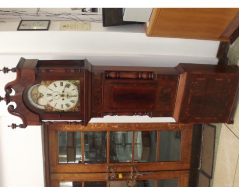 Early 19th flame mahogany long case clock, swan neck pediment, turned finials, Roman numerals to face and two subsidary dials