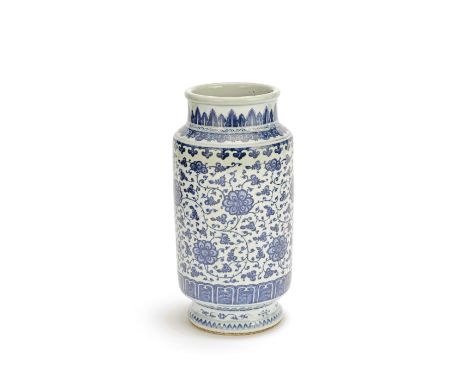 A blue and white Ming-style 'lantern' vase18th/19th centuryThe cylindrical body painted with undulating leafy flowering stems
