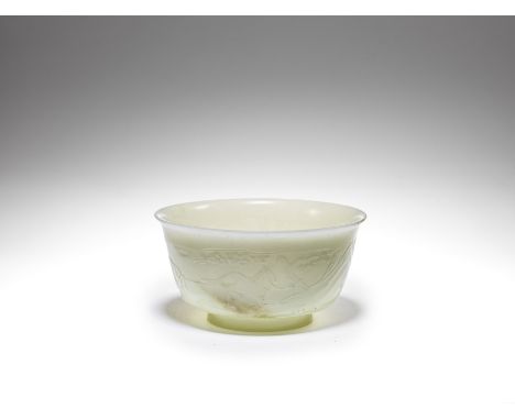 A pale green jade 'horses' bowlStanding on a straight foot rim and carved with gently flaring sides, the bowl carved in shall