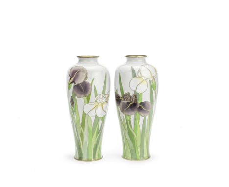 A pair of enamel vasesMeiji PeriodOf slender baluster form, decorated in the style of Namikawa Sosuke with large iris blooms 