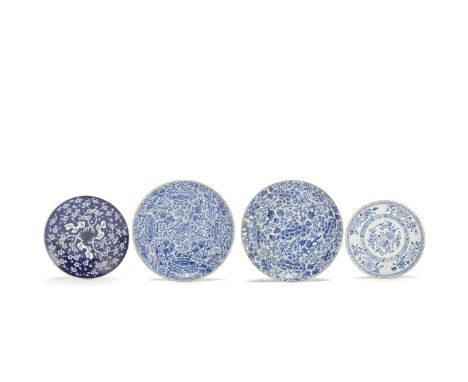 A small collection of four blue and white 'floral' dishesKangxi and Meiji PeriodComprising: a pair of serving dishes painted 