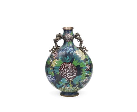 A large cloisonné-enamel moon flask19th centuryWith applied cast twin chilong handles, the body decorated with large polychro