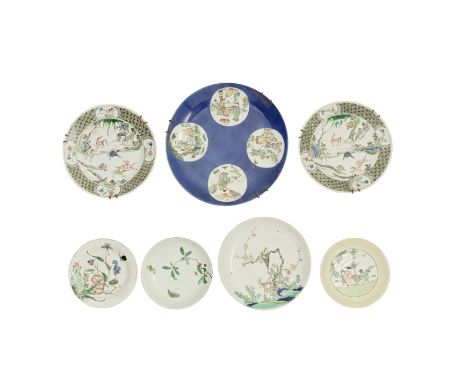A group of seven famille verte dishesKangxiComprising: a 'butterfly and fruitspray' dish, apocryphal Chenghua six-character m