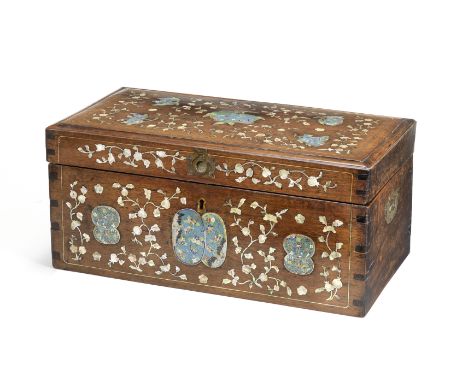 A mother-of-pearl and cloisonné-enamel inlaid hongmu 'sanduo' hinged box and coverLate Qing DynastyWith brass hinges and moun