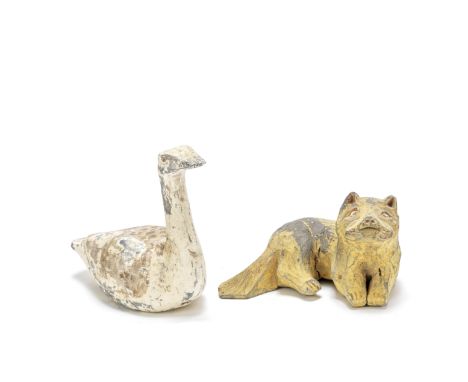 A rare painted pottery model of a wild duck and a painted pottery model of a foxHan DynastyThe duck realistically modelled an