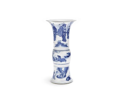 A blue and white beaker vase, guKangxiThe thinly potted, white body crisply painted with narrative scenes to the neck and foo