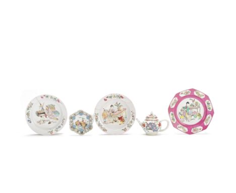 A group of famille rose waresYongzheng/QianlongComprising: a ruby-ground octagonal plate with a lady and boys; a lobed 'cocke