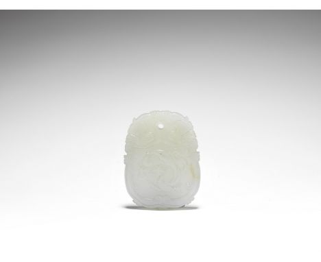 A white jade pendant plaqueLate Qing Dynasty/Republic PeriodThe shaped pendant carved in shallow relief with a dragon under c