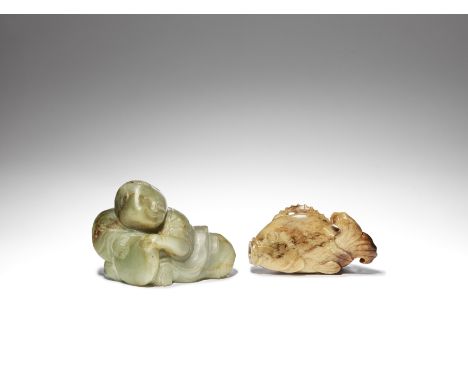 A jade 'carp' snuff bottle and a jade 'boy carving'Qing DynastyThe first carved from a creamy brown stone, modelled as a carp