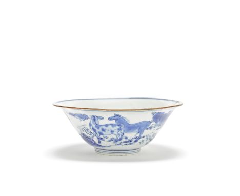 A blue and white 'horses' bowlJiajing six-character mark, KangxiDecorated with the Eight Horses of Muwang grazing in a rocky 