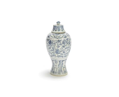 A blue and white vase and cover, meipingLate 16th centuryDecorated with a broad band of scrolling lotus within borders of for