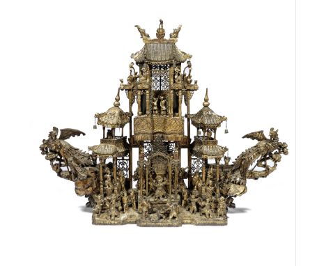 A large wood and gilt-lacquer model of a theatre stageLate Qing DynastyFinely and elaborately carved with a wide balustraded 