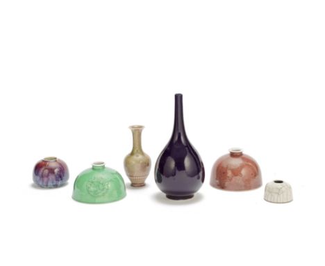 A group of monochrome waresQing Dynasty/ Republic PeriodComprising: a peach bloom glazed bottle vase, Kangxi six-character ma