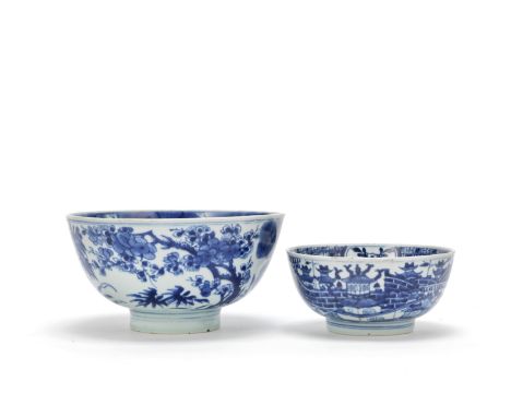 Two blue and white bowlsOne with Shendetang Bogu zhi mark, the other with Yongle four-character mark, KangxiThe first painted