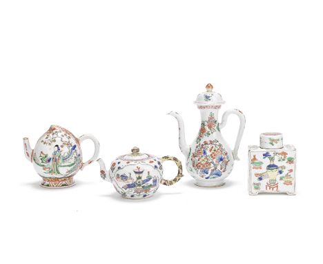 A group of four famille verte waresKangxiComprising: a 'flowerspray' ewer and cover; a peach-form Cadogan teapot decorated wi
