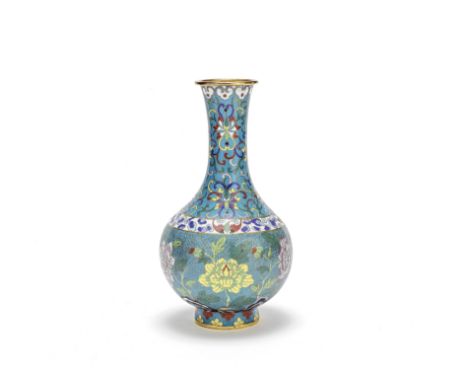 A cloisonné enamel bottle vase19th centuryDecorated with variegated polychrome peony stems issuing from rockwork, on a wan di