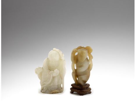 A white jade figure of Shoulao and deer and a pale green and mushroom jade monkeyThe Shoulao figure, 18th century; the monkey