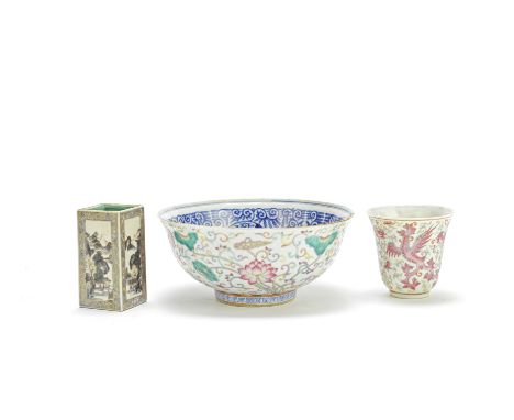 Three porcelain vesselsLate 19th/ early 20th centuryComprising: a square section tool vase with river landscape panels, apocr