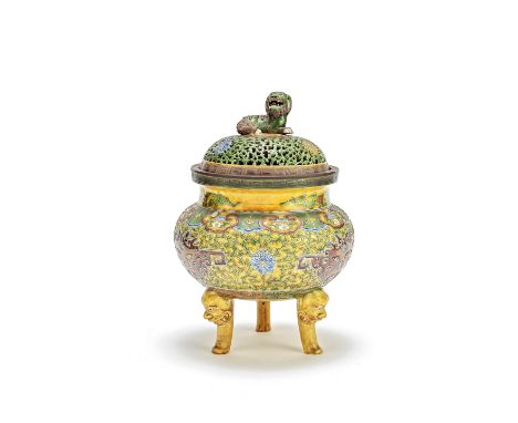 A famille verte biscuit tripod incense burner and reticulated coverKangxi seal mark, late Qing/Republic PeriodSet on three be