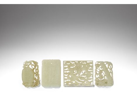 A group of four various white and pale green jade pendantsQing DynastyComprising: a white jade reticulated 'bamboo' plaque; a