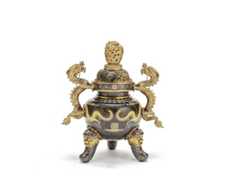 A cloisonné enamel tripod incense burner, liner and coverCirca 1900With reticulated dragon and cloud scroll finial and mounte