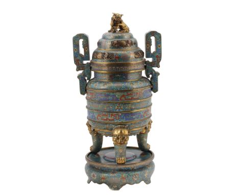 A Chinese cloisonne enamel and gilt-metal tripod censer, cover and stand  A Chinese cloisonne enamel and gilt-metal tripod ce