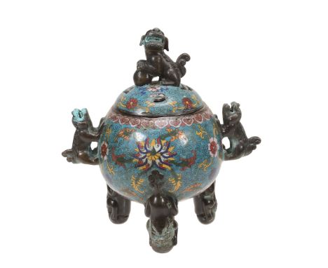 A cloisonne' censer of globular form decorated with lotus designs amid...  A  cloisonne'   censer   of globular form decorate