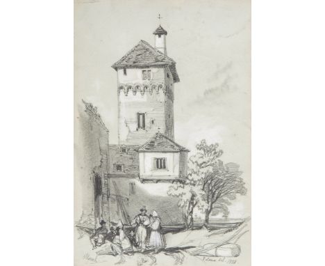 Edward Lear (1812-1888) - Tower at Boppard on the Rhine Black chalk, heightened with white, on light blue-grey paper Signed a