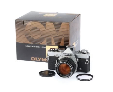 silver, body VG, shutter working, meter responds to light, with a Zuiko f/1.4 50mm lens, barrel VG, optics VG, in maker's box