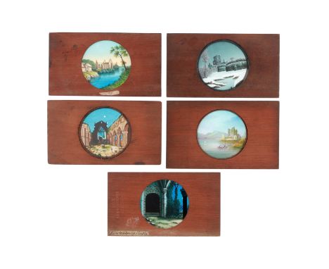 Magic Lantern Slides, 5 x hand painted magic lantern slides, to include, Lindenburgh Castle and Melrose Abbey, Mahogany frame