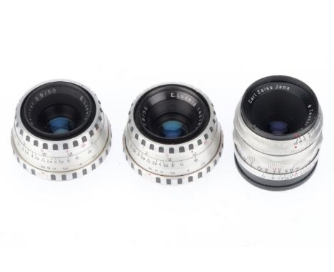 comprising a Carl Zeiss Jena Tessar T 50mm f/3.5 lens, body G, optics F-G, some light haze &amp; dust present, together with 