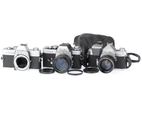 including an SR-3, silver, body G, shutter works, exposure meter responds, with an auto-Rokkor-PF f/1.8 55mm lens, barrel G, 