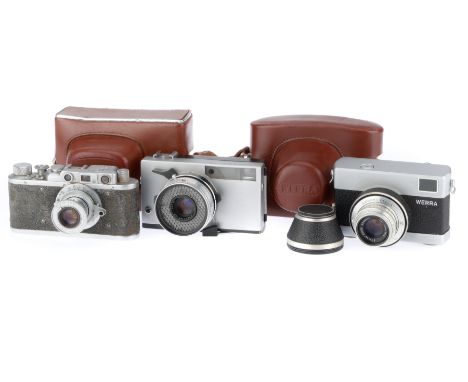 comprising a Werra 1, body G, advance works, shutter works but not at slow speeds, with case, a FED 1f, body P, shutter needs