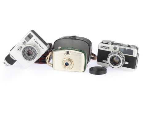 comprising a Welta, gold and green, shutter and advance work, some minor dents to body, in soft case, a Canon Dial 35, body G