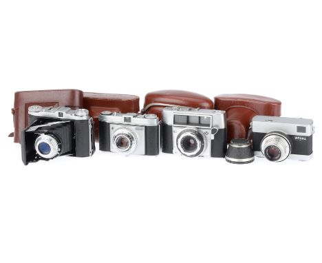 comprising a Werra 1, body VG, shutter works but sticks at slow speeds, advances and fires, with case, a A Kodak Retinette, b