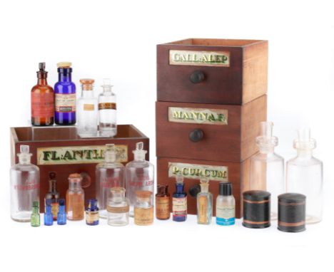 4 victorian mahogany drawers along with a collection of empty chemists poison bottles, most with labelsNote: WE CAN NOT SHIP 