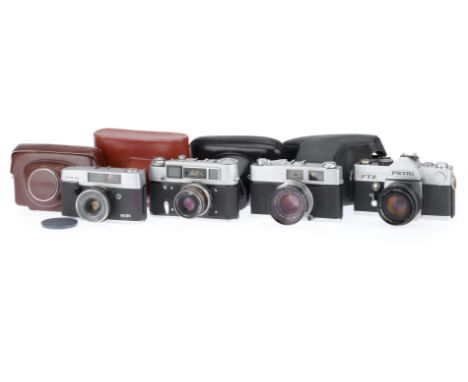 comprising a Petri FTX SLR, silver, body F, shutter jammed, with a Petri f/1.8 55mm lens, barrel F, optics G, a Konica Auto S