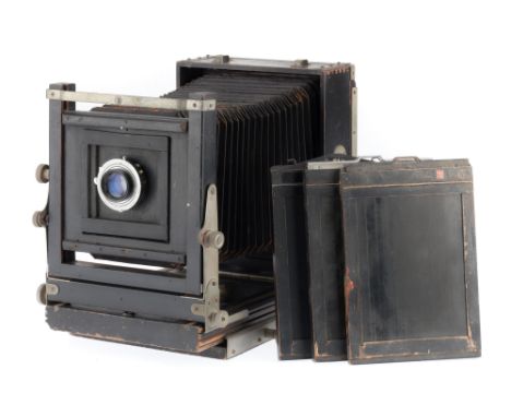 black, body F, bellows P, rack and pinion operates, with lens board and Kodak Ektar f/7.7 203mm lens, optics F, and three pla