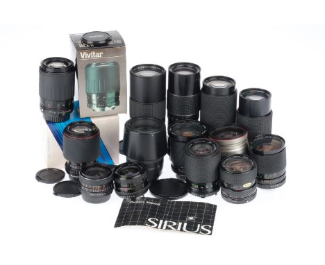 in K-Mount, a Tokina SZ-X 70-210, in box, a Vivitar 70-210mm, in box, a Prinzflex 100-200mm, a Cosina Aspherical 28-200mm, a 