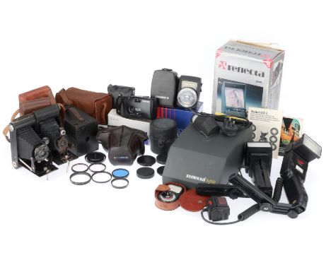 to include a Gossen Lunasix 3 exposure meter, several folding vest pocket cameras, a focus free panoramic camera, a Kodak box
