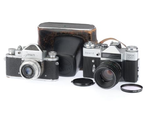 comprising a Zenit-C, silver, body F with paint loss to front standard, usage marks to bottom plate, shutter works but speeds