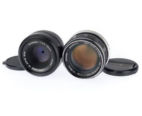 comprising a MC Rokkor-PF, f/1.4 50mm, barrel G, optics G with light dust, and a Ricoh Roconar f/2.2 55mm lens, barrel G, opt