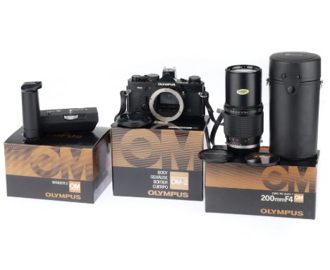 comprising an OM-2N MD, black, body VG, shutter works, metering responds to light, in maker's packaging, with a Zuiko f/4 200