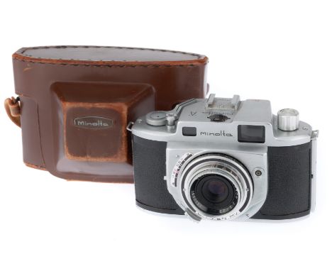 silver, serial number 349862, body G, controls work, advance jammed, early model with shutter speeds on top, with case.