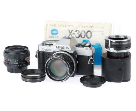 comprising an X-300, body VG, shutter works, metering responds to light, with a f/1.4 58mm MC Rokkor-PF lens, barrel G, optic