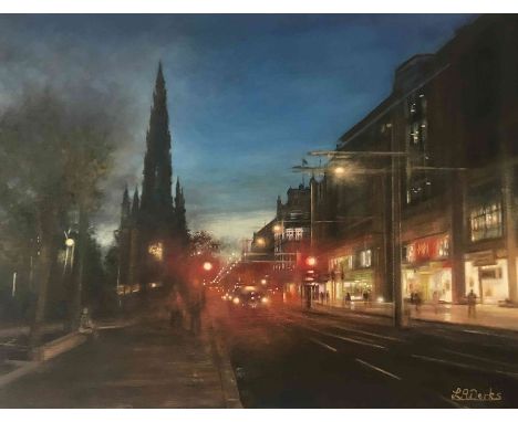 Lesley Anne Derks BA(Hons) (British, B.1977) "Scott Monument looking from the East", oil & enamel on board, signed to lower r