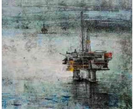 Georgina Bown SSA (British, B.1965) "Oil Rigg 3", mono print, artist label to verso. 45cm x 58cm (Framed 59cm x 69cm). Exhibi