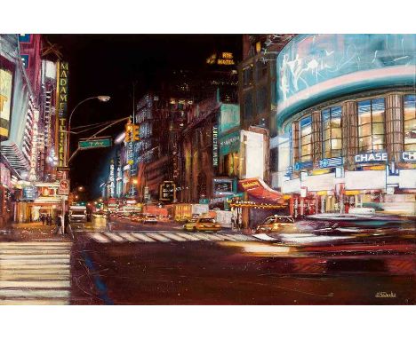 Lesley Anne Derks BA(Hons) (British, B.1977) "7th Avenue, New York", oil & enamel on canvas, signed to lower right, unframed 