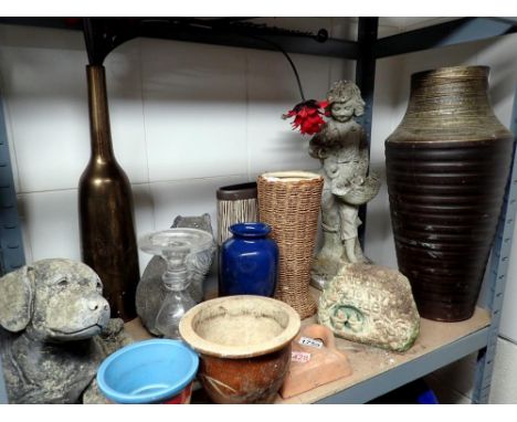 Shelf of mixed ceramic garden figures and pots. Not available for in-house P&amp;P 