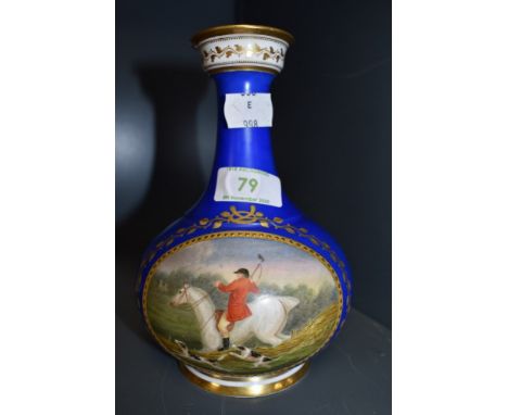 An antique Kerr and Binns Royal Worcester bottle vase circa 1850's, having cobalt blue ground and hunting scene depicted to f